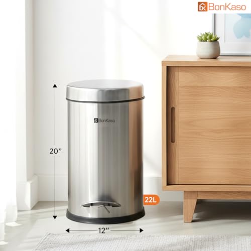 Image of Bonkaso 22L Stainless Steel Pedal Dustbin with Lid & Plastic Inner Bucket (12x20 Inch) | Foot Operated Garbage /Trash Can For Home, Kitchen, Bathroom & Office | Rust Proof Round Waste Bin (Silver)