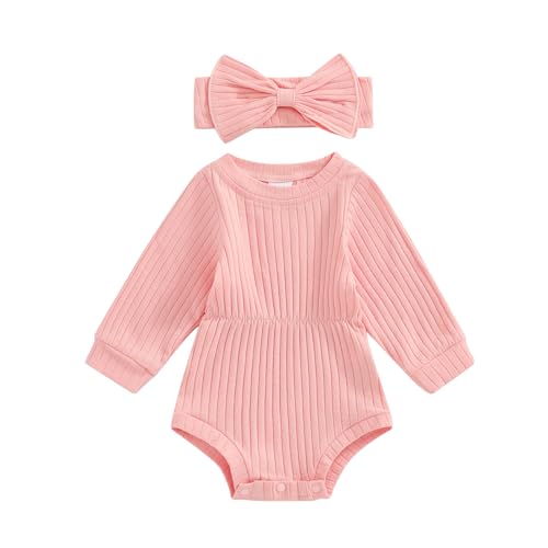 Image of Karwuiio Newborn Baby Girl Fall Outfits Long Sleeve Ribbed Knit Jumpsuit Romper with Headband Infant Clothes Sets