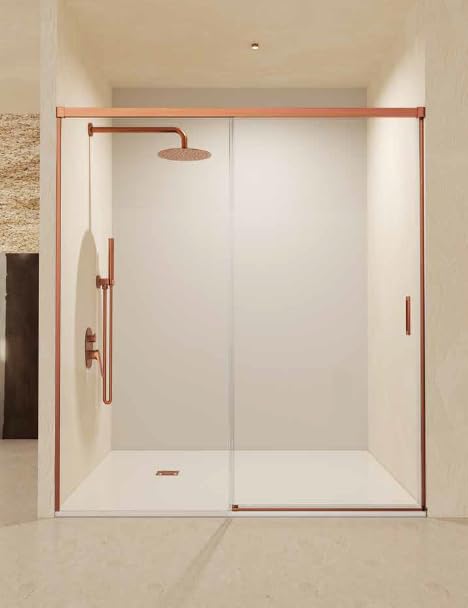Mice   Mampara de Baño Frontal / 1 Panel Fijo + 1 Puerta Corredera/Mampara de bañera/Cerramiento de ducha/Mampara corredera con perfilería de aluminio color Oro Rosa Cepillado/Medida 140 x 195 cm