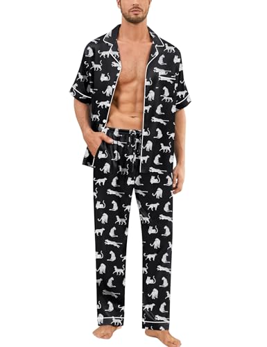 Image of SWOMOG Mens Silk Pajamas Set Satin Pj Set Short Sleeve Sleepwear Button Down Lounge Set with Drawstring & Pockets S-3XL