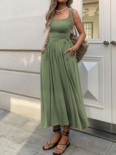 Image of Mieazom Women's Boho Summer Maxi Dress with Pockets, Adjustable Waist, Sleeveless Casual Ruched Sundress for Beach Vacation