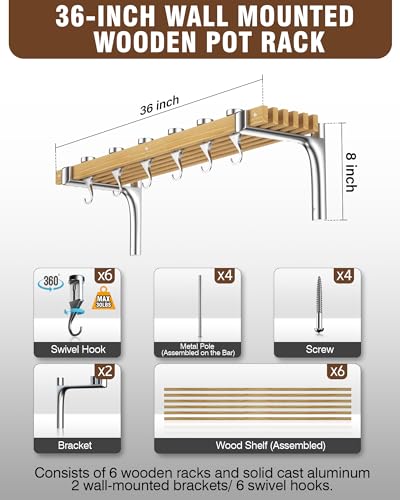 36 by 8-Inch Wall Mounted Wooden Pot Rack