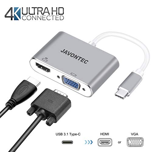 USB C to HDMI VGA Adapter, JAVONTEC 2 in 1 USB 3.1 Type C to VGA HDMI 4K UHD Adapter Converter Compatible Surface Go, MacBook Pro 13 15 (2016 2017), Google Chromebook, HP Spectre, Samsung S8/S9 More