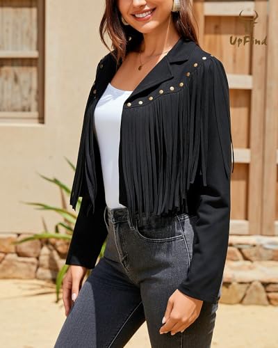 Women's Fringe Faux Suede Leather Jackets Fashion Fall Western Tassel Motorcycle Cropped Open Front Coats with Rivets3