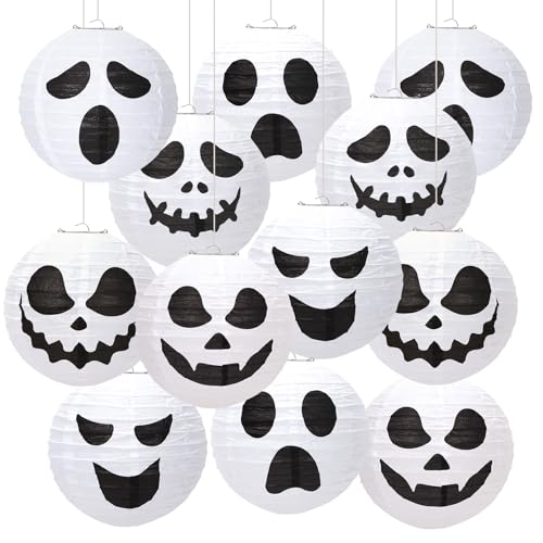 DECYOOL 12PCS Halloween Paper Lanterns Hanging White Ghost Ornaments