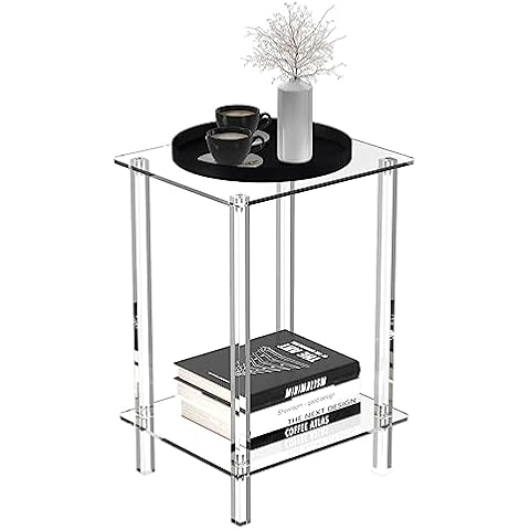 Eglaf Acrylic Small Side Table with Square Leg - 13.4'' L x 11.5'' W x 19.6'' H - Small Nightstand Bedside Table 2-Tier Clear End Table for Living Room, Bedroom Cover