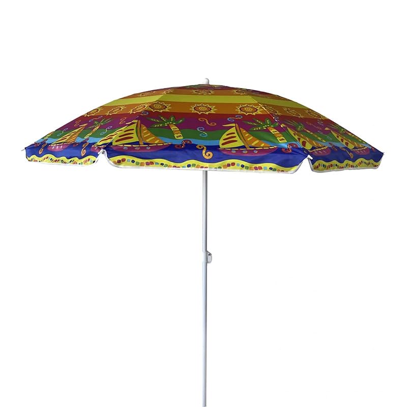 Beach Parasol for Garden Terrace Pool Outdoor Use with Palm Trees and Boat Design, 1.8m, Waterproof, UV Protection