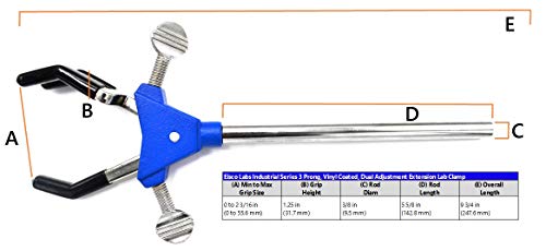 3 Finger, Vinyl Coated Dual Adjustable Extension Clamp On Stainless Steel Rod - 2.3" Max Clamp Opening, 5" Rod - Powder Coated Zinc Alloy - Research, Industrial Laboratory Grade - Eisco Labs #TOP7