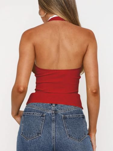 Women's Lace Bow Halter V Neck Backless Tank Tops Cute Summer 2025 Ribbed Going Out Tops3