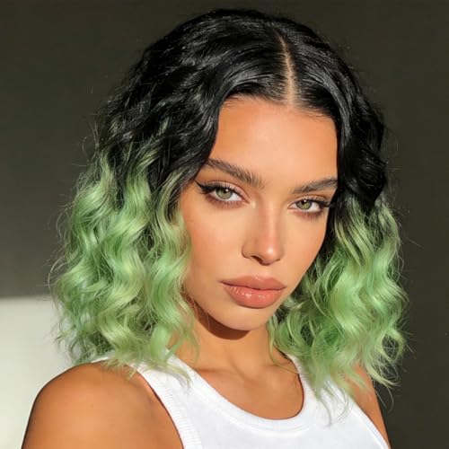 Image of Rose bud Wavy Bob Wig Natural Wig Black to Green Synthetic Hair Shoulder Length Short Curly Middle Part Lace Front Wigs for Women