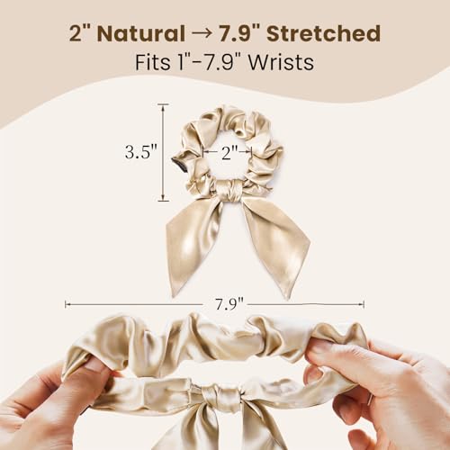 Image of THXSILK 100% Mulberry Silk Bow Scrunchies 3-Pack, 22 Momme Mulberry Silk Hair Ties for Women, Cute Bunny Ear No Damage Ponytail Holders, Fashion Hair Accessories for Girls(M, Beige)