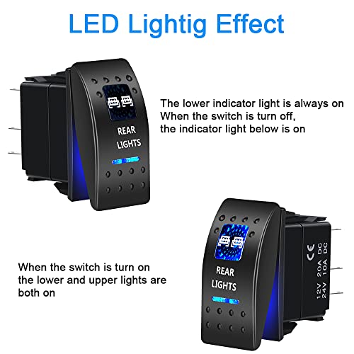 Auka Rear Lights Rocker Switch Toggle Waterproof 12V 24V, 5Pin Spst On-Off Toggle Switch Blue Led Light, With Jumper Wires Set For Car Truck Marine Boat Trailer 4X4 Caravan Rv Suv Atv Utv #TOP1