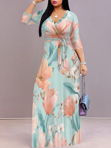 Image of SUZONANA Plus Size Dresses for Women Floral Print Maxi Dress Flowy 3 /4 Sleeve with Belt