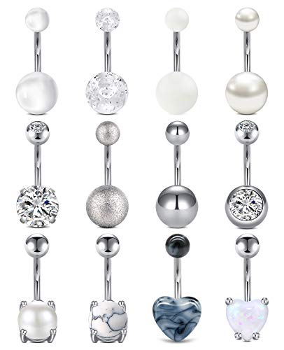 MODRSA 14G Piercing Ombligo 10MM 12 Estilo Turquesa CZ Opal Barriga Piercing Acero Quirúrgico Cuerpo Joyería de Corps para Mujeres Niña Banana Barbells Piercing Cover