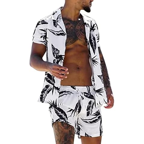 Men 2 Piece Outfit Summer Casual Short Sleeve Tees Shorts Set Button Down Hawaiian Shirt Suits Stylish Beach Swim Wear Cover