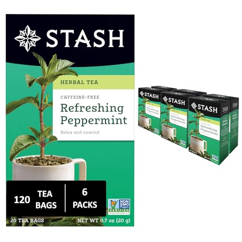 Image of Stash Tea Peppermint Herbal Tea - Naturally Caffeine Free, Non-GMO Project Verified Premium Tea with No Artificial Ingredients, 20 Count (Pack of 6) - 120 Bags Total