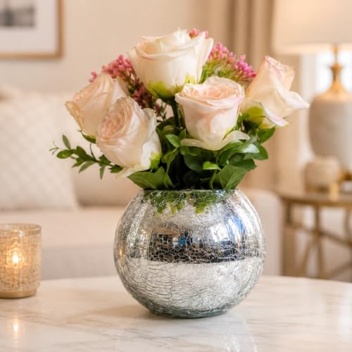 Image of Decorative Crackle Glass Flower Vase for Home Decor, Silver Mercury Glass Vase for Fresh & Artificial Flowers, Modern Centerpiece for Living Room, Dining Table, Office & Gifting
