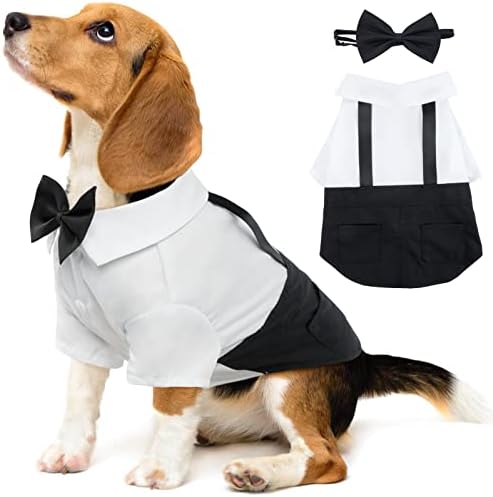 T'CHAQUE Small Dog Tuxedo Suit Pet Costume, Stylish Dog Tuxedo Shirt with Bow Ties Collar, Gentleman Puppy Outfit/Dress/Clothes/Shirts, Holiday Wedding Birthday Party Black/White Business Dress Up L