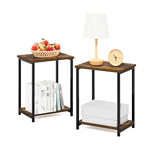Image of Furinno Simplistic 2-Tier Metal Frame Side Table, Set of 2, Amber Pine