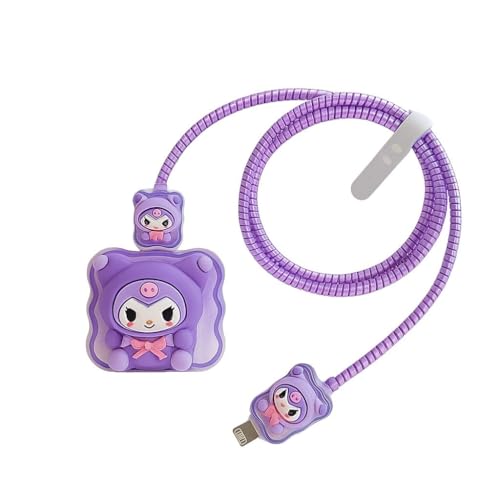 Image of Dezet For iPhone Charger 18-20W Cute Cartoon Charging Cable Protector Set For iPhone Fast Charging USB Cable With Protective Silicone Cover & Organizer Clip Stylish Design (PURPLE CAT 1),1M