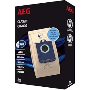 AEG GR200S - S-Bag Classic Vacuum Cleaner Bags, Pack of 5, Paper Dust Bags, Hygiene Closure, Long-Lasting Suction Power, Optimal Filtration, Compatible with AEG, Electrolux, Philips, Tornado, Volta