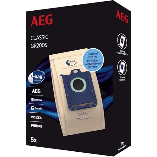 AEG GR200S - S-Bag Classic Vacuum Cleaner Bags, Pack of 5, Paper Dust Bags, Hygiene Closure, Long-Lasting Suction Power, Optimal Filtration, Compatible with AEG, Electrolux, Philips, Tornado, Volta