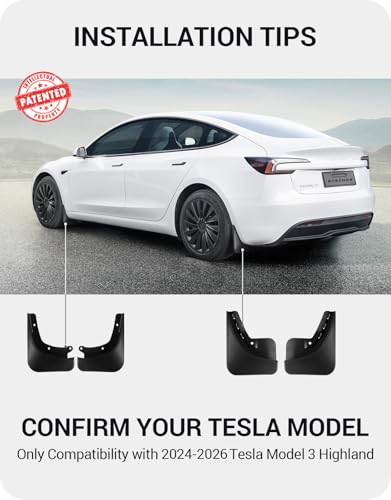 Image of BASENOR 2024 2025 2026 Tesla Model 3 Highland Mud Flaps Splash Guards Fenders (Set of 4), No Drilling No Tape Mudflaps (Proprietary Design) All Weather Protector Mudguards for Model 3