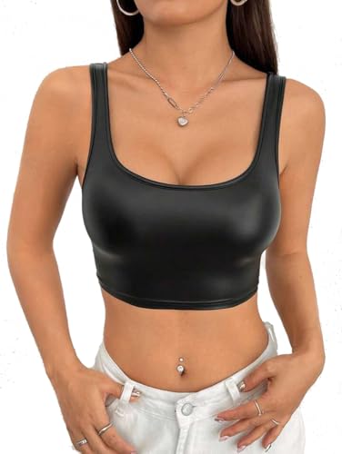 Women's Faux PU Leather Square Neck Sleeveless Shirts Slim Fit Casual Latex Tank Crop Mini Top