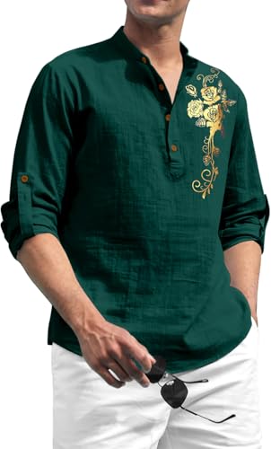 Image of Zombom Men's Cotton Polyester Blend Mandarin Collar Self One Design Printed Full Sleeve Casual Short Kurta Shirt