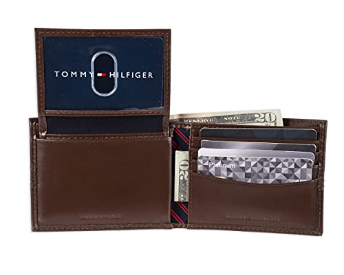 Tommy Hilfiger Carteira masculina de couro – dobra dupla fina com 6 bolsos para cartão de crédito e
