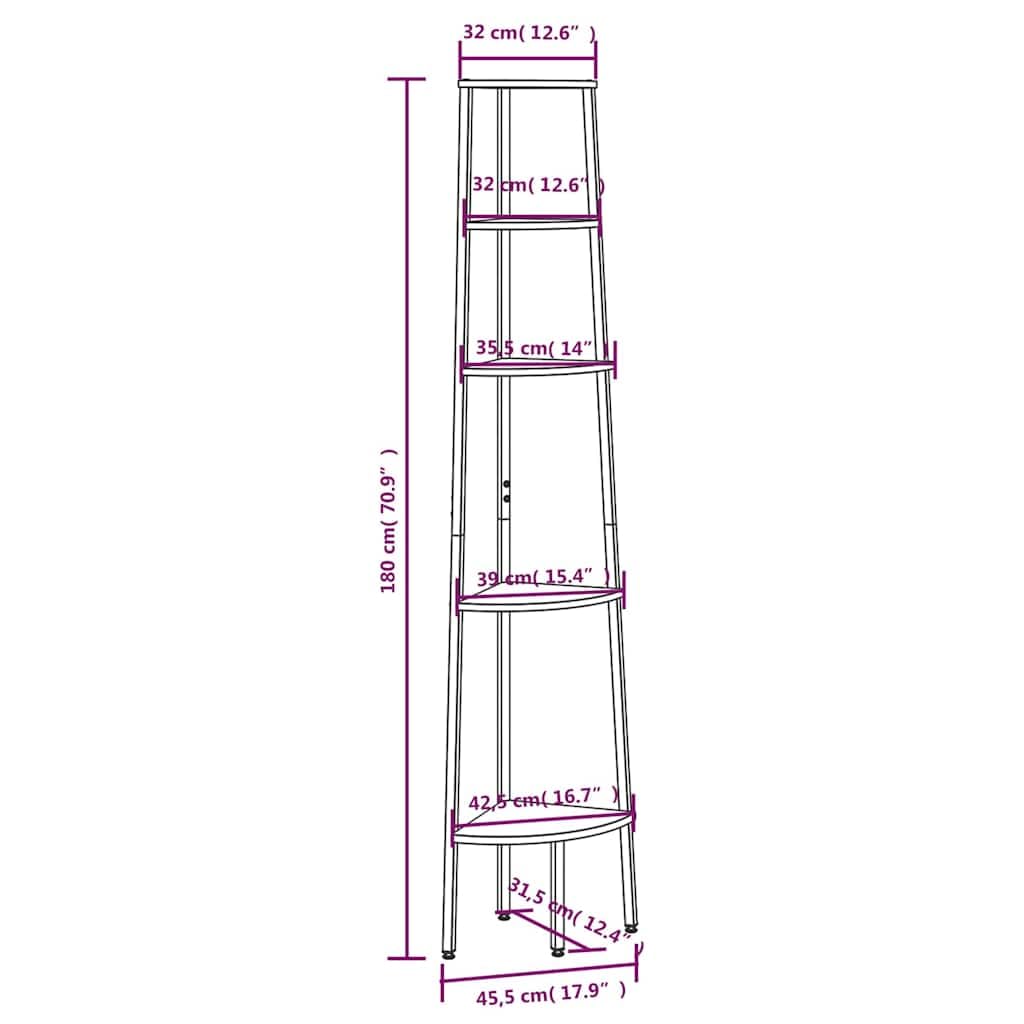 Eckregal mit 5 Böden Holzwerkstoff und Stahl 45,5x31,5x180 cm Hellbraun schwarz, platzsparend als Bücherregal, Raumteiler, Aufbewahrung für Wohnzimmer, Büro, Kinderzimmer