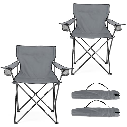 Image of HaSteeL Camping Chair for Adults, Folding Beach Chair Set of 2, Large Foldable Portable Chair for Outdoors Fishing, Hiking, Sporting, Travel, Picnic, Lawn, Hold 275lbs & A Storage Bags (Grey)
