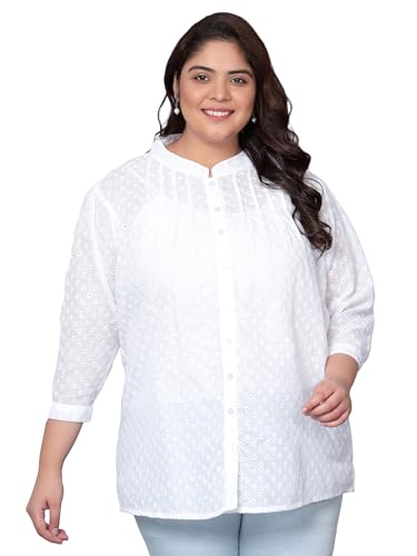 Image of Indietoga Women's Plus Size Pure Cotton Chikankari Embroidered Longline Tunic Tops with Lining (2XL to 7XL)