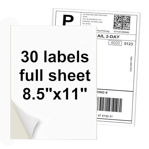 Image of 30 Full Sheets Sticker Paper for Laser & Ink Jet Printers, 8.5 inch x 11 inch Full Sheet Address Shipping Labels