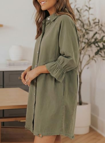 Image of Sidefeel Womens Smocked 3 4 Sleeve Button Down Denim Jeans Dresses