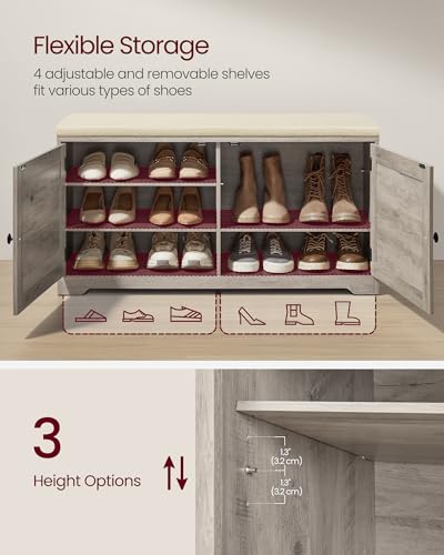 Image of VASAGLE Shoe Storage Bench with Cushion, 3-Tier Entryway Bench with Padded Seat, Doors, Adjustable Shelves, 14 x 39.8 x 20.7 Inches, Hallway, Bedroom, Heather Greige and Cappuccino Beige ULSB044L01