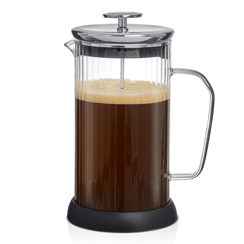JoyJolt Fluted French Press Coffee and Tea Maker Set, 33.8oz Stainless Steel Press, Borosilicate Glass Coffee Press, Cold Brew Portable French Press, Tea Press, Large, clear