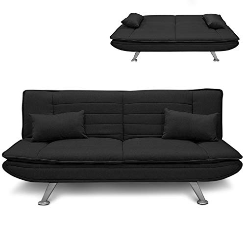 BAKAJI Divano Letto Ginevra Clic Clac 3 Posti Struttura in Legno Rivestimento in Tessuto Trapuntato Imbottito Piedini in Metallo con 2 Cuscini Dimensione 183 x 88 x 82 cm (Nero)