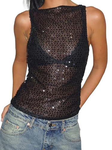 Fiacafyo Women Sequin Sleeveless Tank Top Y2k Sparkly Glitter Crew Neck Cami Shirt Sheer See Through Slim Fit Going Out Top (A-Black L)