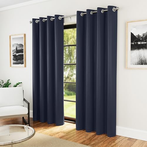 Image of Enhanced Living Nightfall Eyelet Blackout Curtains - Thermal Navy Blue Curtains for Bedroom - 46x72 inch (117x183 cm) - 230gsm, Supersoft, Energy Saving & Noise Reducing - 2 x Curtain Panels