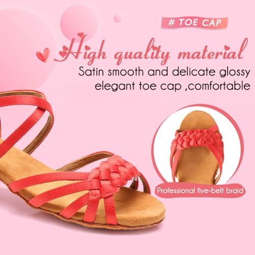 YKXLM Girls Latin Dance Shoes Kids Low Heels Tango Salsa Ballroom Practice Dance Shoes, 1208,Red,12.5 M Little Kid2