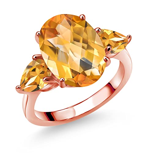 Gem Stone King 18K Rose Gold Plated Silver Yellow Citrine Ring For Women (7.41 Cttw, 14X10MM Oval Checkerboard and 7X5MM Pear Shape, Gemstone November Birthstone, Size 9)