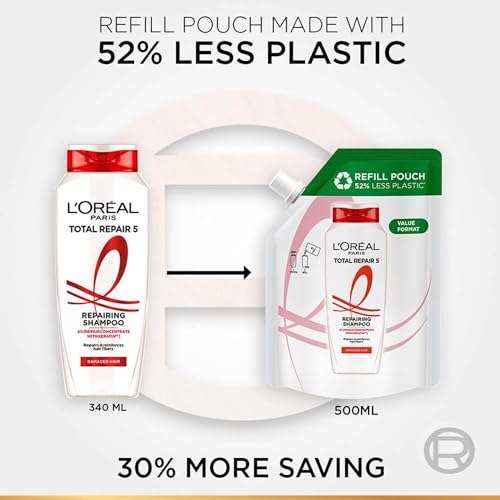 Image of L'Oreal Paris Shampoo, For Damaged And Weak Hair, With Pro-Keratin + Ceramide, Total Repair 5, 500 ml and 340 ml Combo
