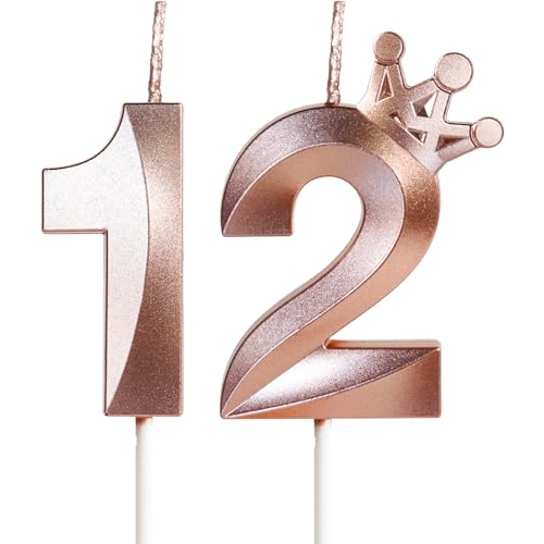 Candela Numero 12 Incoronata, 5cm in Oro Rosa - Topper per Torte di Compleanno, Feste e Anniversari - Decorazioni