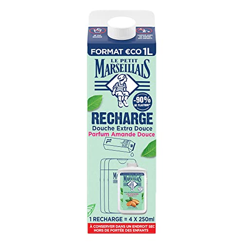 Le Petit Marseillais - Recharge Crème de Douche Extra Douce Amande Douce (brique de 1 L) – Recharge gel douche avec 92 % d'ingrédients d'origine naturelle...