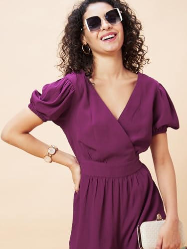 Image of Globus Women Wine Solid Wrap V-Neck Short Sleeves Jumpsuit with Waist Tie-Up-3638457004
