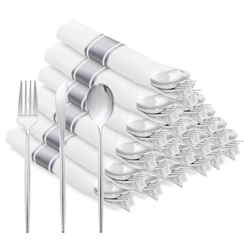SUT 50 Pack Pre Rolled Silverware Set Disposable, 200 Pcs Silver Plastic Utensils Include 50 Forks, 50 Knives, 50 Spoons and 50 Napkins, Plastic Cutlery, Wrapped Silverware Set Disposable for Party