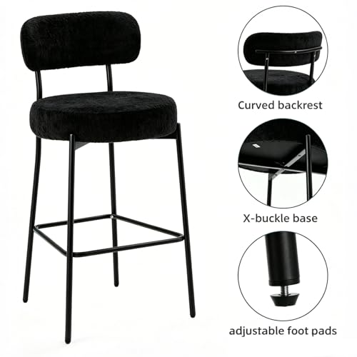 Image of Bar Stools, 30 inch Tall Bar Stools Set of 3, Boucle Upholstered Counter Height Bar Stools, Modern Bar Chairs Metal Frame with Back and Footrest for Kitchen Island,Black Barstools
