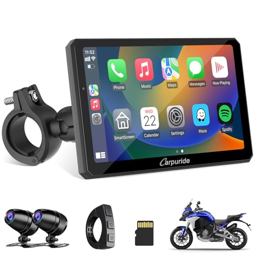 Carpuride W712D Motorcycle Carplay Screen with HD 1080P Dual Dash Cam, Wireless Car Play and Android...