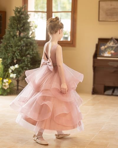 Satin Flower Girl Dresses for Wedding Tulle First Communion Dress with Pearl Princess Birthday Gown3